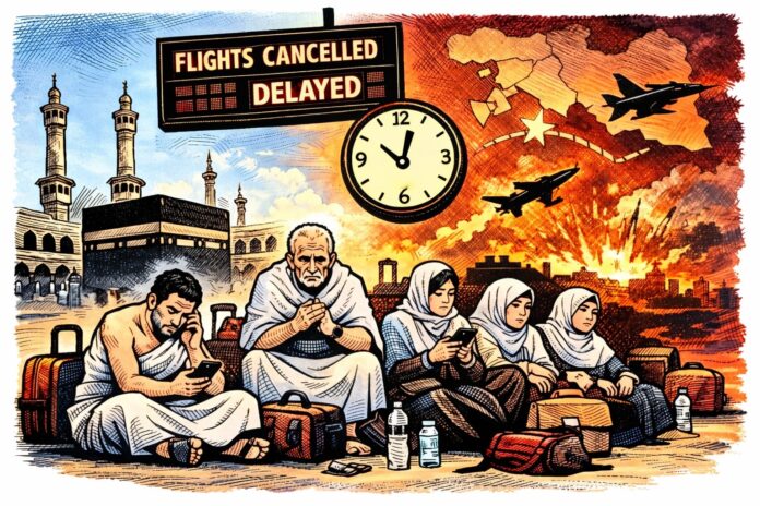 Ilustrasi akibat perang Iran vs Amerika Serikat–Israel menyebabkan banyak jemaah umrah yang belum bisa pulang ke Indonesia. (Suara NTB/artificial intelligence)