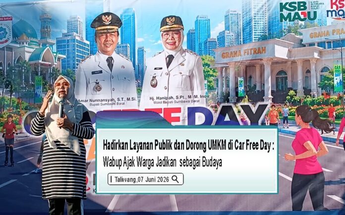 Wabup Hj. Hanipah saat memberikan sambutan pada CFD yang diadakan oleh Dishub KSB di komplek KTC pada, Minggu (7/6) CFD KSB Jadi Ruang Layanan Publik dan Penggerak UMKM
