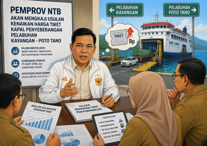 Ilustrasi Pemprov NTB akan mengkaji usulan kenaikan tarif penyeberangan kapal Pelabuhan Kayangan-Poto Tano. (Suara NTB/Artificial Intelligence Mataram (Suara NTB) – Pemerintah Provinsi Nusa Tenggara Barat mengatakan akan mengkaji terlebih dahulu usulan kenaikan harga tiket penyeberangan kapal Kayangan-Poto Tano. Wacana ini muncul setelah kunjungan kerja Anggota Komisi VII DPR RI, Bambang Haryo Soekartono ke Pelabuhan Kayangan pada Sabtu, 27 Juni 2026 lalu. Asisten II Setda NTB, H. Lalu Moh. Faozal mengatakan menaikkan tarif kapal tidak bisa ujug-ujug dilakukan tanpa kajian yang jelas. Apalagi, sejauh ini belum ada faktor pendorong yang menyebabkan kenaikan tarif hingga 31 persen. “Kita pasti kan ada analisa yang pasti dulu lah soal apa yang membenarkan bahwa mereka itu harus naik tarif. Karena waktu saya di Perhubungan (Dinas Perhubungan, red) sempat naik tarif itu kalau nggak salah dua kali ya, dulu kita itu karena BBM,” ujarnya, Kamis, 2 Juli 2026. Biasanya, lanjutnya alasan kenaikan tarif kapal disebabkan adanya kenaikan harga BBM. Namun, sejauh ini BBM yang digunakan oleh kapal masih berada di harga normal, dan masih disubsidi pemerintah. Di samping itu, apabila benar ada kenaikan tarif, maka pengusaha perkapalan wajib memberikan tambahan pelayanan kepada masyarakat. Jangan sampai hanya menaikkan tarif tanpa memberikan layanan maksimal kepada para pelanggan. “Kalau kualitas layanannya itu punya korelasi dengan tarif, saya kira pasti ada ruang diskusinya gitu ya soal tarif ini. Nah yang paling penting karena kalau dia mau naikkan tarif ya itu harus bisa memastikan bahwa layanan mereka juga sudah baik,” katanya. Mantan Kepala Dinas Perhubungan NTB itu juga mempertanyakan alasan kenapa tiba-tiba muncul wacana menaikkan tarif di tengah harga BBM yang masih normal. Sebab, berkaca dari tahun-tahun sebelumnya, kenaikan tarif disebabkan oleh faktor kenaikan harga BBM. “Kalau kemarin itu dia kan karena BBM. Itu yang jadi alasan pembenar itu. Disesuaikan dengan harga BBM yang naik berapa. Pasti kalau tarif naik itu itu alasan pembenar yang agak diterima oleh masyarakat karena kenaikan BBM. Tapi kalau tidak ada isu lain, tiba-tiba naik ya masyarakat tanya dong,” ungkapnya. Sebelumnya, Anggota Komisi VII DPR RI, Anggota Komisi VII DPR RI, Bambang Haryo Soekartono menilai persoalan tarif penyeberangan perlu mendapat perhatian pemerintah. Berdasarkan informasi yang diterimanya, tarif angkutan penyeberangan belum mengalami penyesuaian sejak 2019 dan diperkirakan telah tertinggal sekitar 31 persen. Menurutnya, kenaikan tarif diperlukan karena terjadinya sejumlah persoalan seperti perubahan nilai mata uang dan beberapa pertimbangan lainnya. Ia menilai, jangan sampai pelayanan kepada masyarakat kurang maksimal akibat tarif yang tidak sesuai. “Kenaikan biaya operasional akibat perubahan nilai tukar mata uang dan berbagai faktor lainnya tentu harus menjadi pertimbangan pemerintah dalam menyusun kebijakan tarif. Jangan sampai operator kesulitan menjaga kualitas pelayanan karena tarif tidak lagi sesuai dengan kondisi saat ini,” katanya. (era) Ilustrasi Pemprov NTB akan mengkaji usulan kenaikan tarif penyeberangan kapal Pelabuhan Kayangan-Poto Tano. (Suara NTB/Artificial Intelligence)