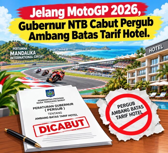 Ilustrasi pencabutan Pergub Ambang Batas Tarif Hotel. (Suara NTB/akal imitasi) Dinilai Tidak Relevan Kondisi Terkini, Gubernur Cabut Pergub Ambang Batas Tarif Hotel
