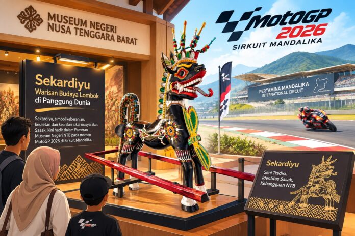 SEKARDIYU – Ilustrasi Sekardiyu menjadi tema Pameran saat Ajang MotoGP Mandalika 2026 yang ditampilkan Museum Negeri NTB di Sirkuit Mandalika. (Suara NTB/Artificial Intelligence) Sekardiyu Jadi Tema Pameran saat Ajang MotoGP Mandalika 2026