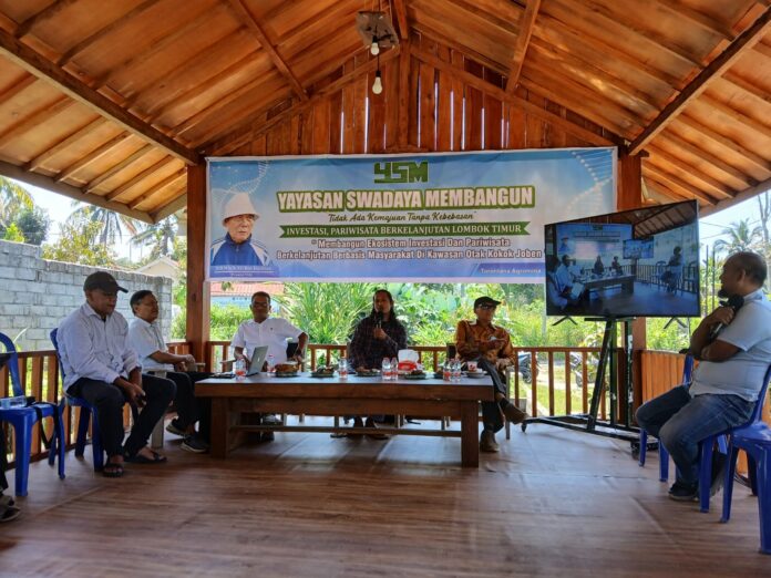 DISKUSI PUBLIK - Kegiatan diskusi publik bertema “Investasi dan Pariwisata Berkelanjutan” yang digelar Yayasan Swadaya Membangun (YSM) di Torontana Agromina, Desa Pesanggrahan, Kecamatan Montong Gading, Lotim, Sabtu (3/10/2026). (Suara NTB/rus) Pembangunan Kawasan Wisata Joben Tak Cukup Sekadar Konsep