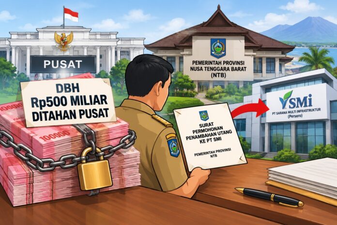 Ilustrasi DBH ditahan oleh pemerintah pusat. (EKBIS NTB/Artificial Intellgence) DBH Ditahan Setengah Triliun Lebih, Pemprov NTB Surati Pusat Kembali Berutang ke PT SMI