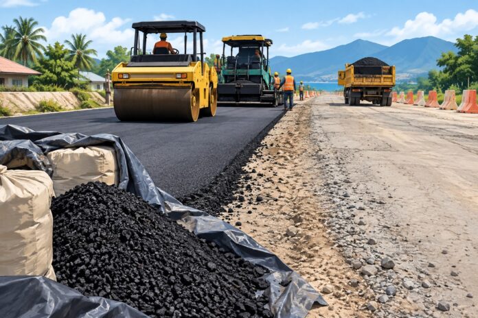 Ilustrasi pengaspalan jalan. Sekarang ini, akibat aspal langka, perbaikan sejumlah ruas jalan di NTB terkendala. (EKBIS NTB/Artificial Intelligence) Aspal Langka, Perbaikan Puluhan Ruas Jalan di NTB Terkendala